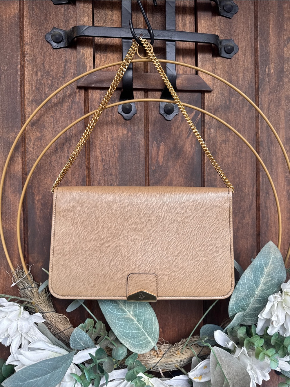 Authentic Vintage Dior Shoulder Bag in Tan with Gold Chain Strap
